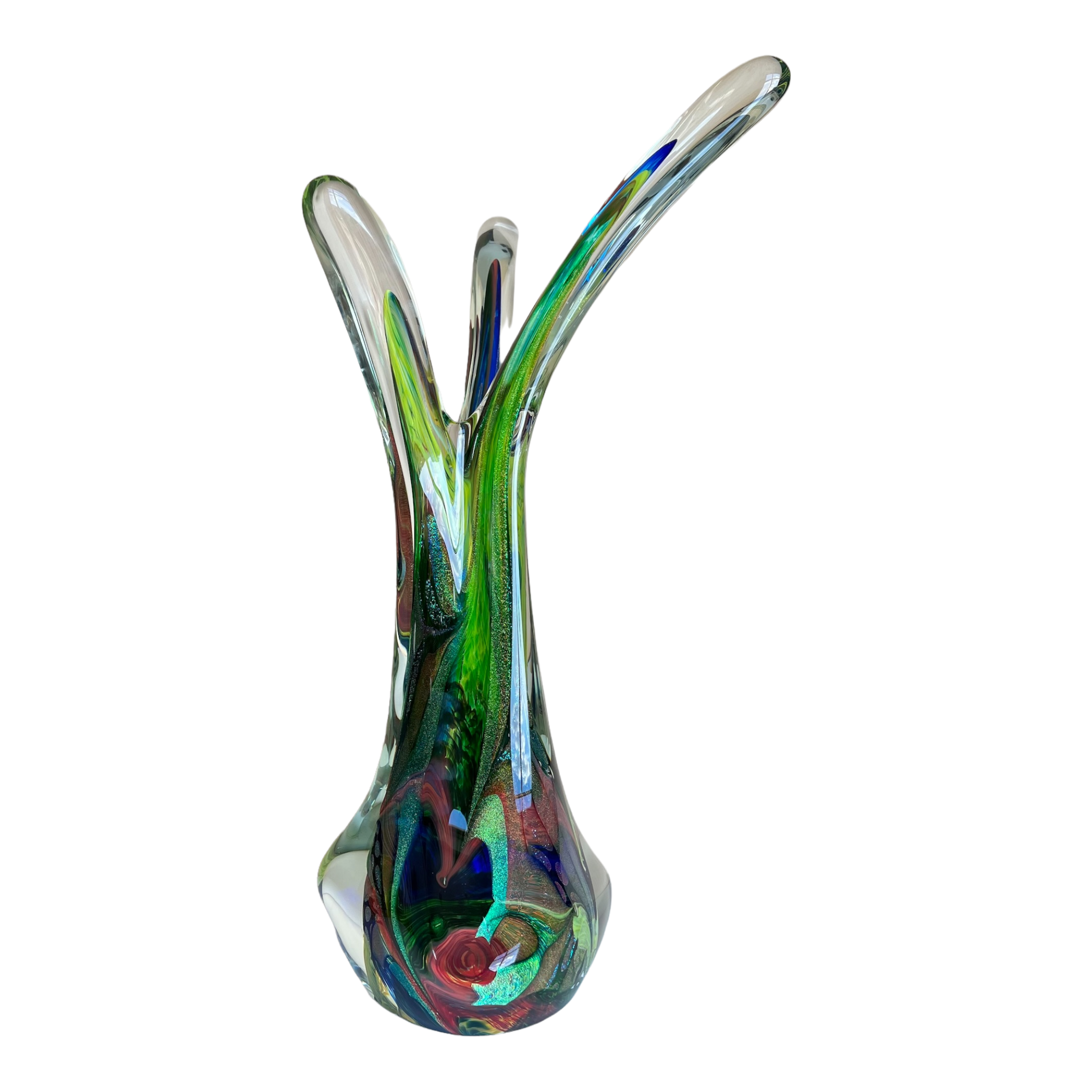 A tall art glass sculpture by Rollin Karg with a three-arm design and a colorful, shimmering appearance, featuring green and other colors.