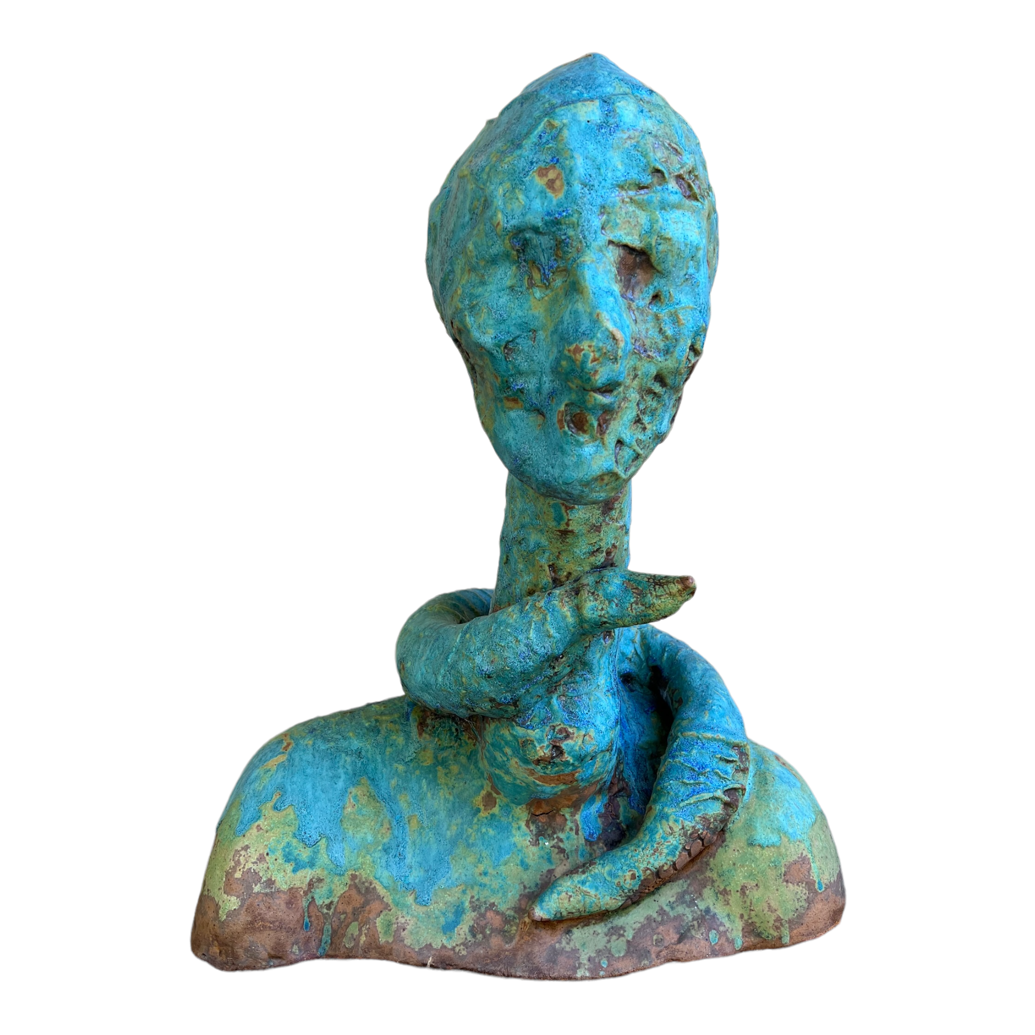 A ceramic sculpture by Rick Van Dyke featuring a figure with a blue and green finish, exhibiting a textured and unique artistic surface.