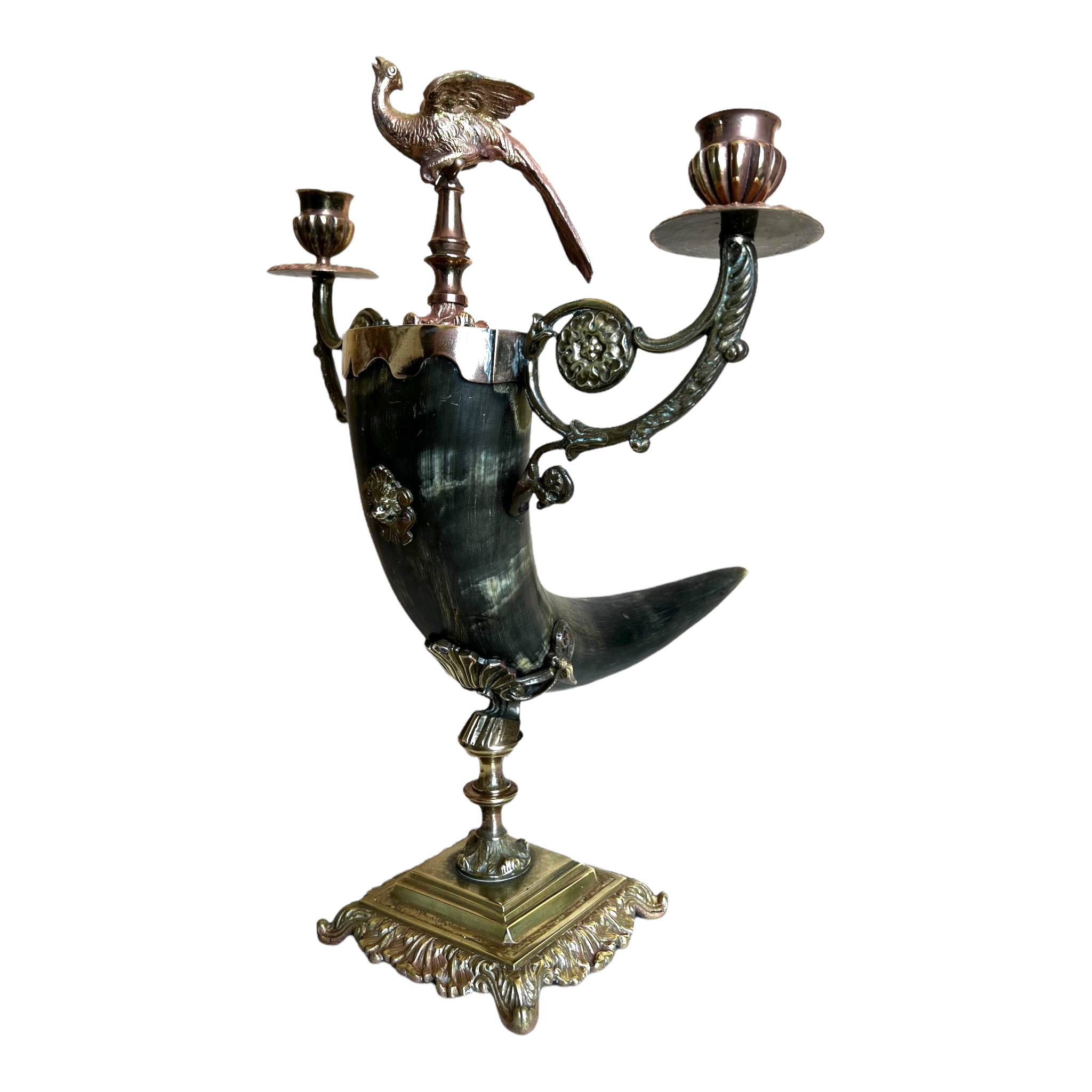 Vintage French bronze and horn cornucopia candelabra with a lion, peacock, candle holders, and flowers.
The everything cornucopia candelabra
vintage candelabra austin