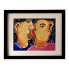 A painting titled 'The Kiss' by Jesus Zamarron, featuring abstract art with vibrant colors and intense strokes, framed in a black frame.