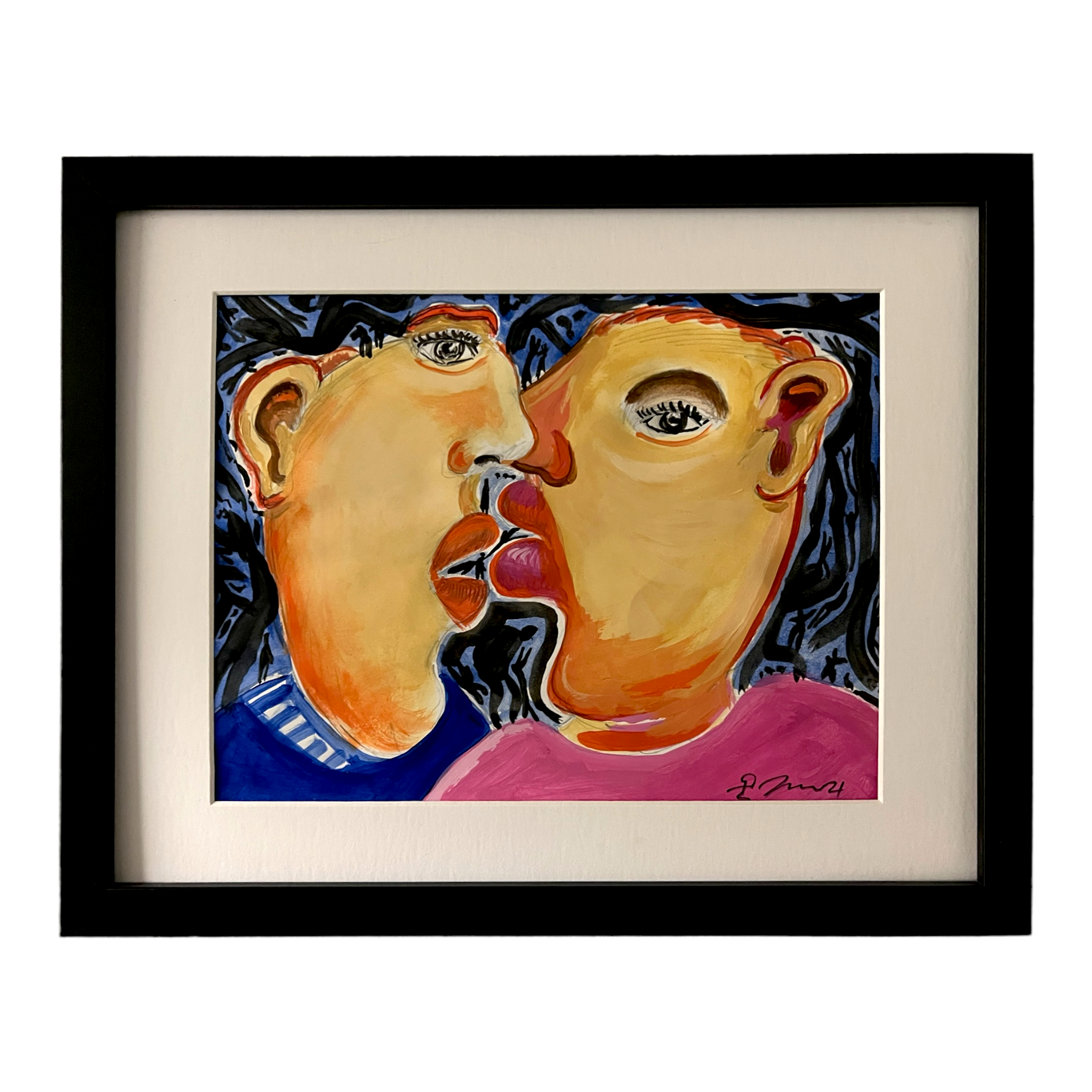 A painting titled 'The Kiss' by Jesus Zamarron, featuring abstract art with vibrant colors and intense strokes, framed in a black frame.