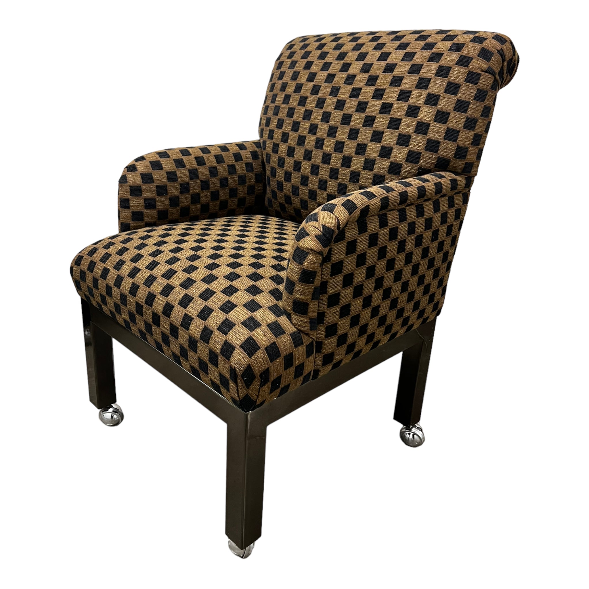 slipper chair
sleigh back
rolling chair
large chair
geometric
Dining chair
checkered
checker
chairs
Chair
arm chairs
accent chair
1980s
upholstered
Set
Chrome