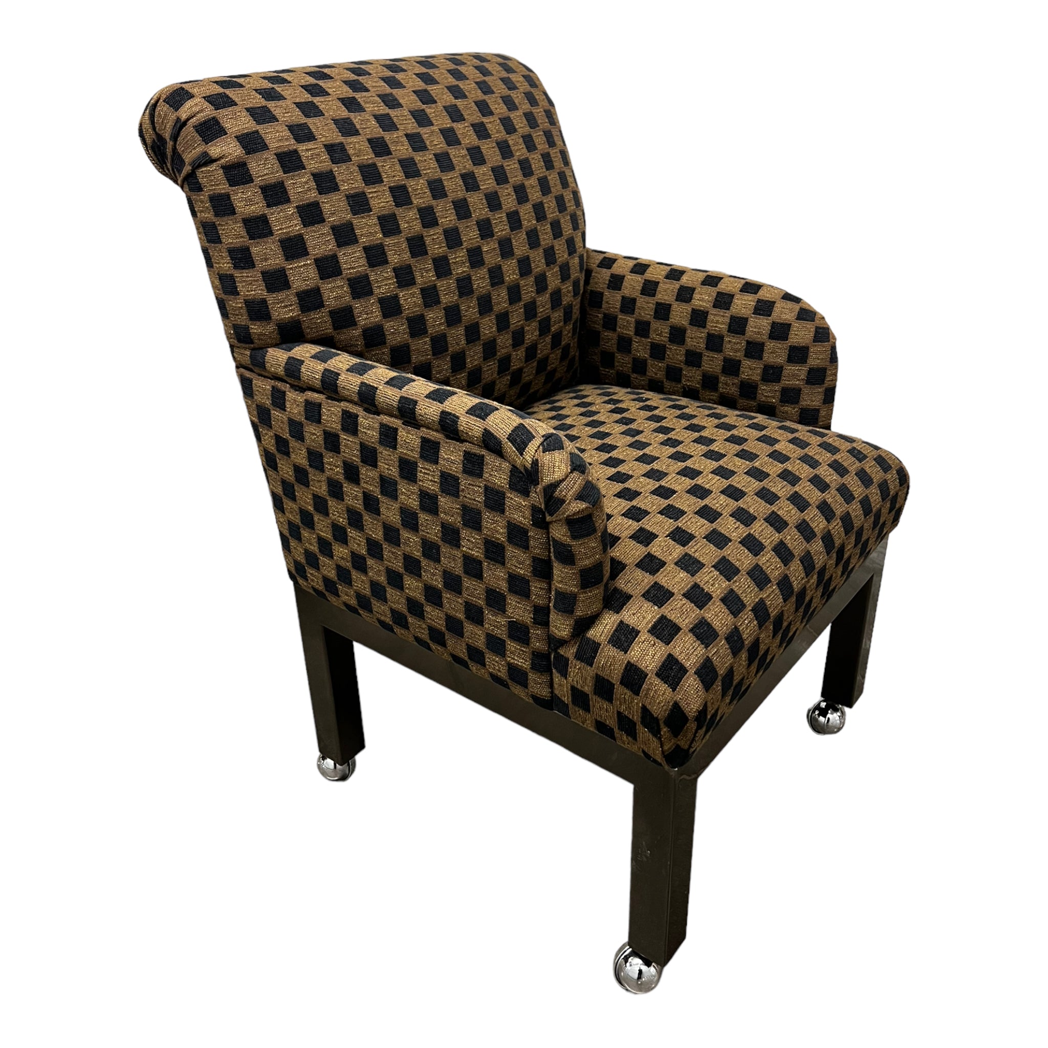 slipper chair
sleigh back
rolling chair
large chair
geometric
Dining chair
checkered
checker
chairs
Chair
arm chairs
accent chair
1980s
upholstered
Set
Chrome