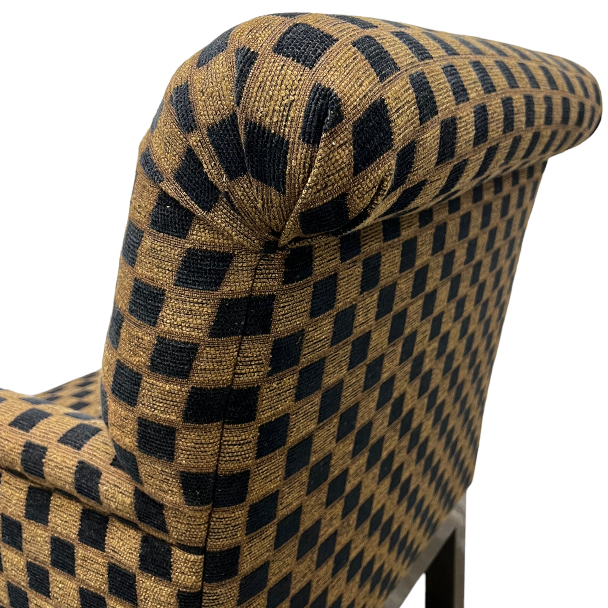 slipper chair
sleigh back
rolling chair
large chair
geometric
Dining chair
checkered
checker
chairs
Chair
arm chairs
accent chair
1980s
upholstered
Set
Chrome