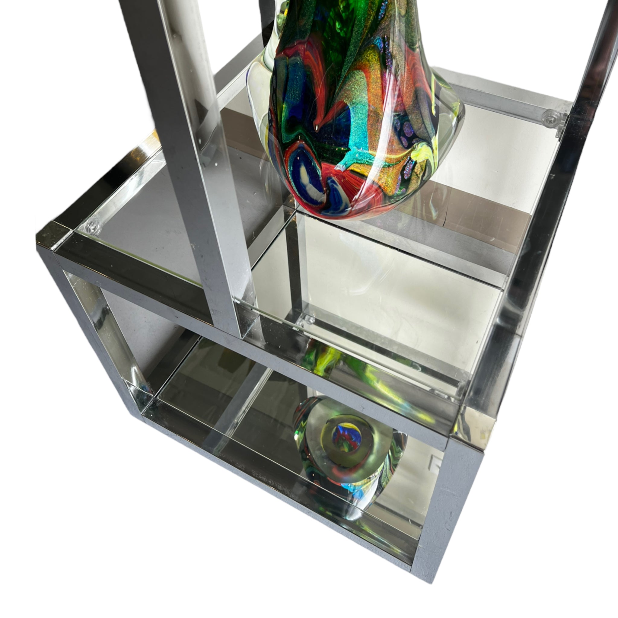 shelving
shelf
modernist
modern
Milo Baughman
living room
Home
Glass
geometric design
geometric
etagere
Chrome
1970s
Mid century
mirrored
bookshelf