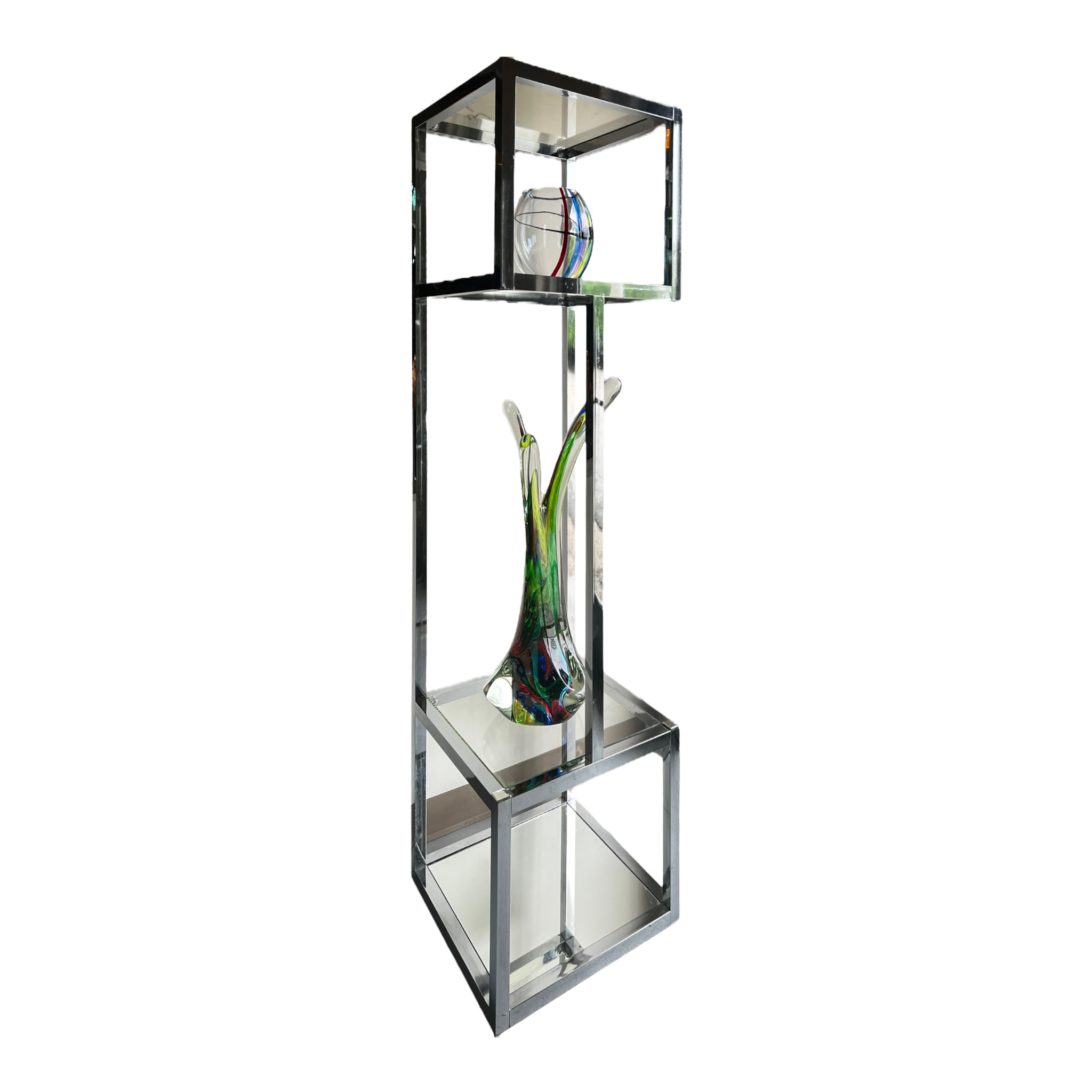 shelving
shelf
modernist
modern
Milo Baughman
living room
Home
Glass
geometric design
geometric
etagere
Chrome
1970s
Mid century
mirrored
bookshelf