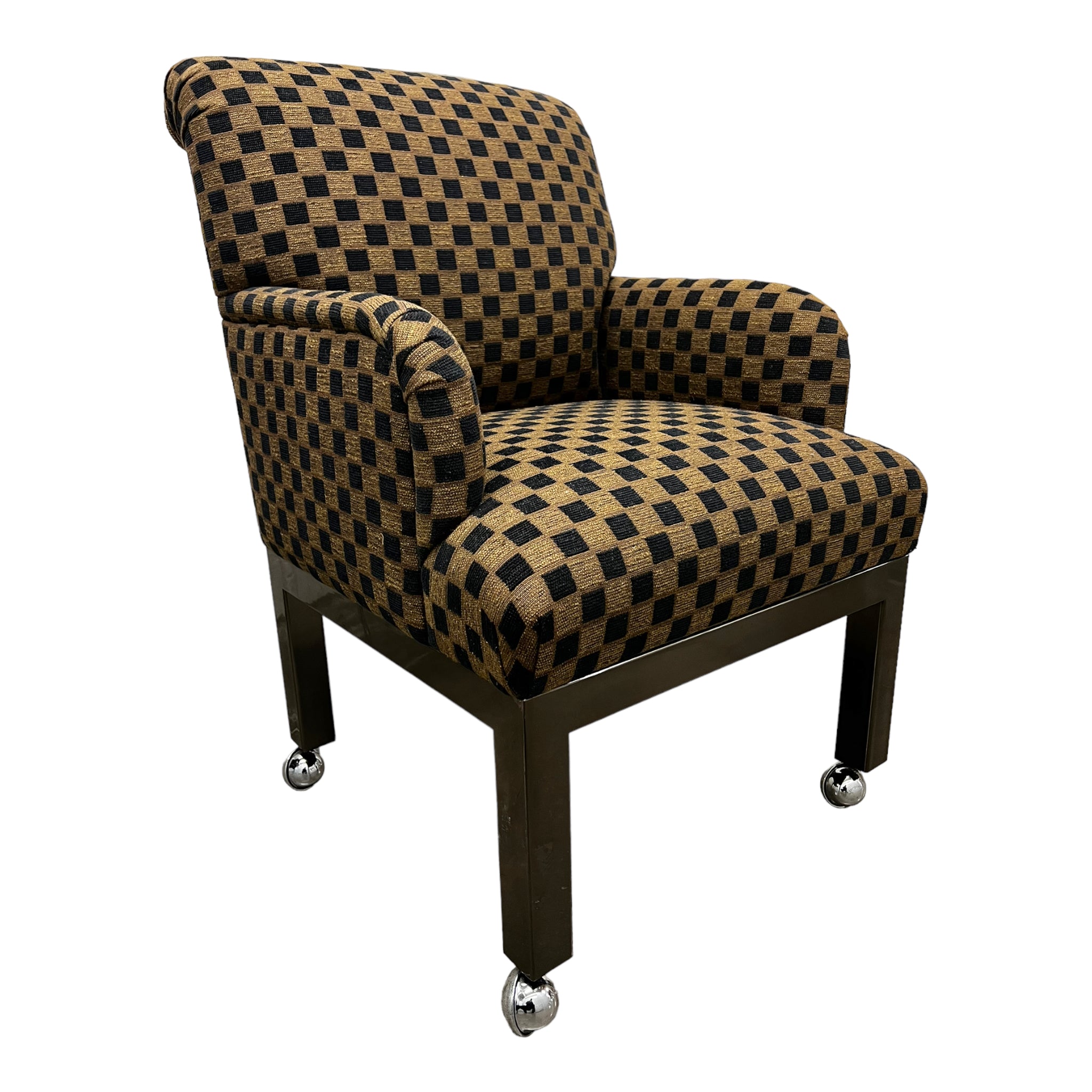 slipper chair
sleigh back
rolling chair
large chair
geometric
Dining chair
checkered
checker
chairs
Chair
arm chairs
accent chair
1980s
upholstered
Set
Chrome