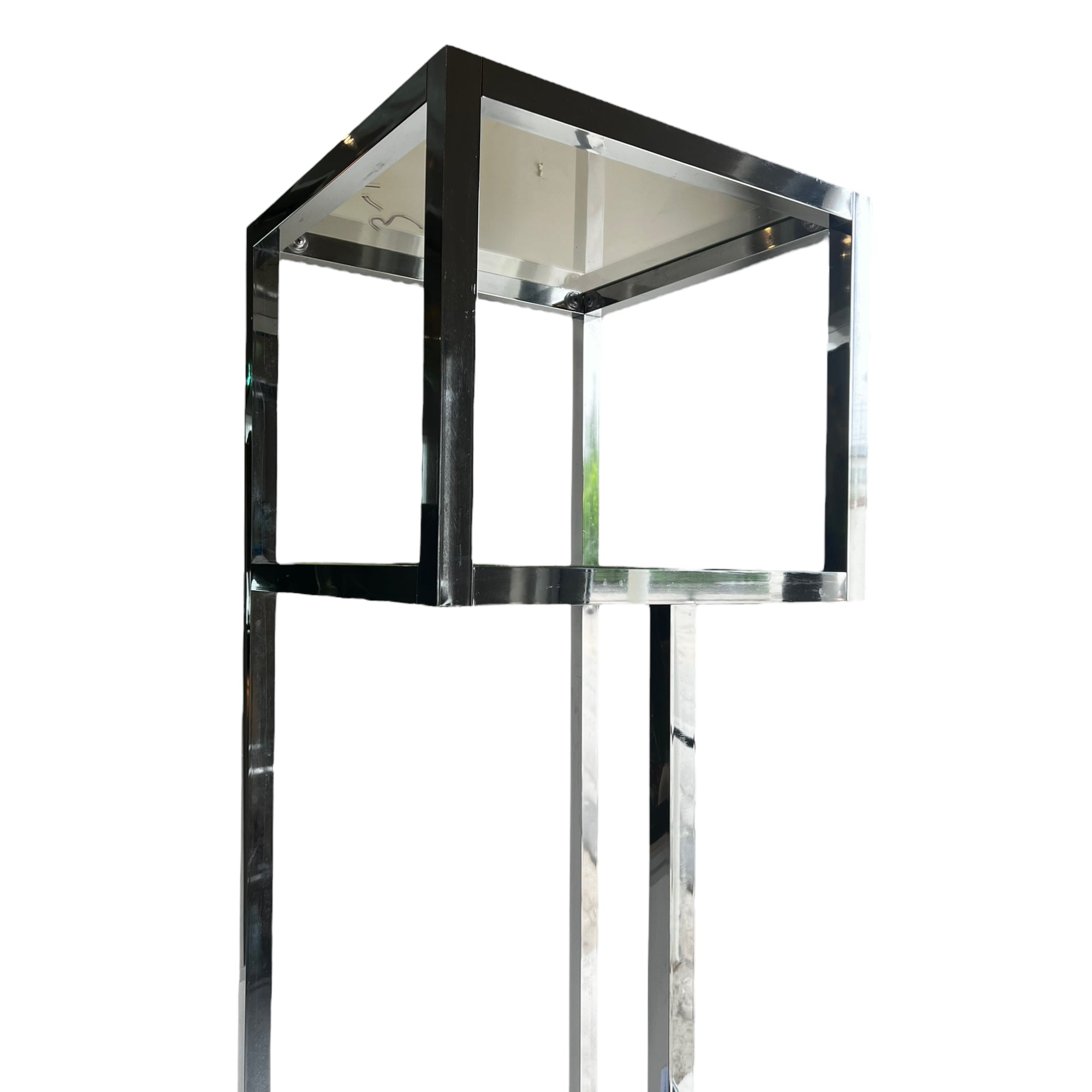 shelving
shelf
modernist
modern
Milo Baughman
living room
Home
Glass
geometric design
geometric
etagere
Chrome
1970s
Mid century
mirrored
bookshelf