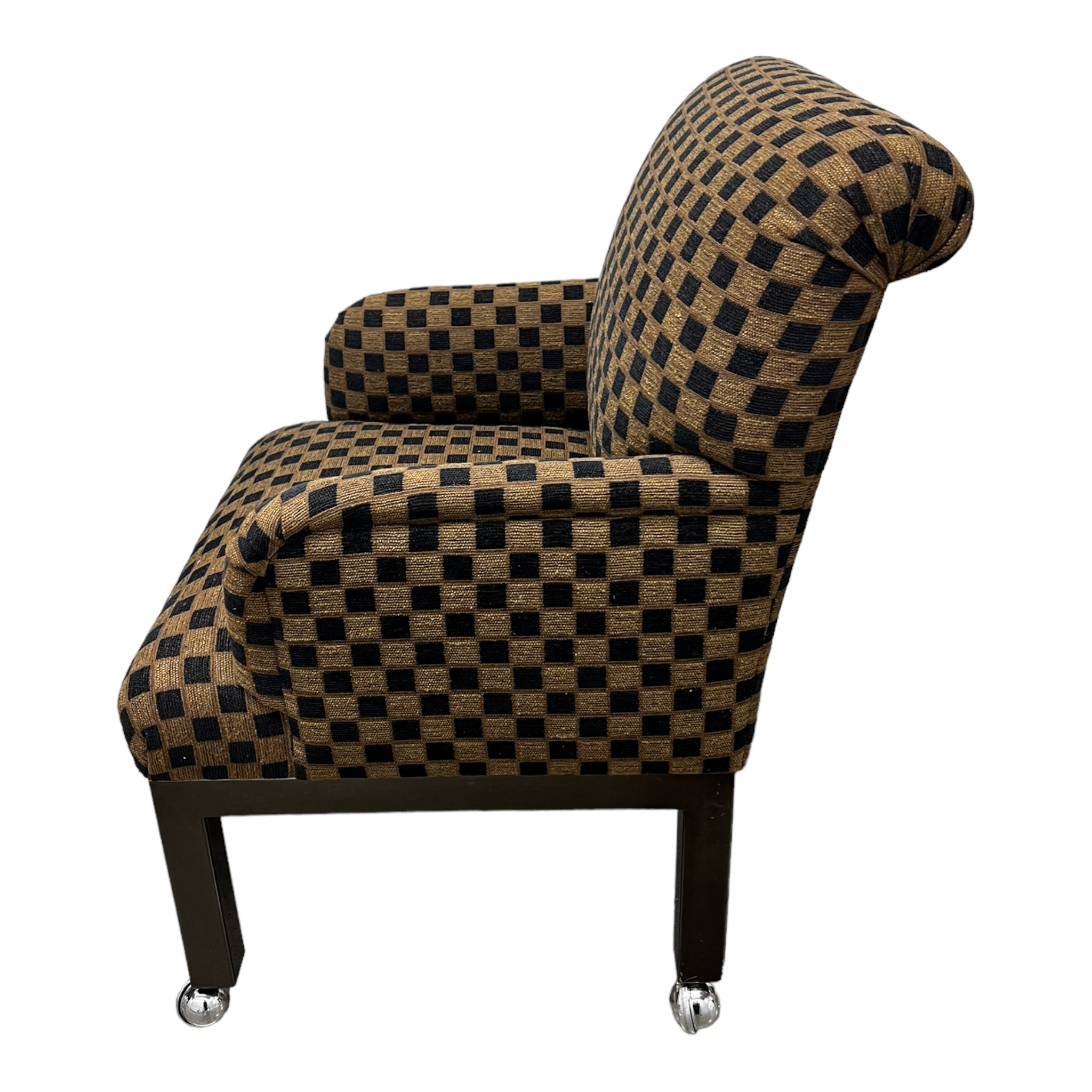 slipper chair
sleigh back
rolling chair
large chair
geometric
Dining chair
checkered
checker
chairs
Chair
arm chairs
accent chair
1980s
upholstered
Set
Chrome