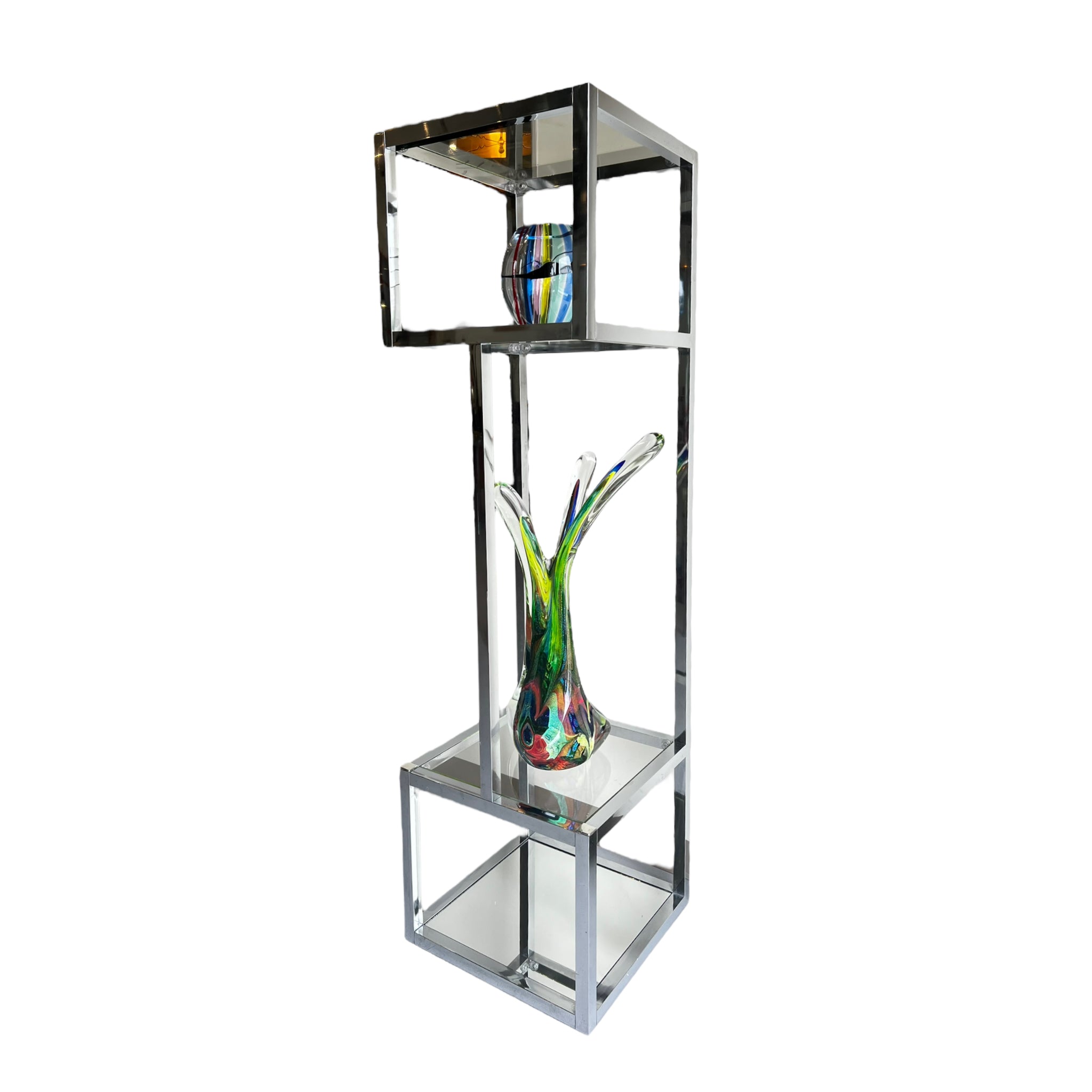 shelving
shelf
modernist
modern
Milo Baughman
living room
Home
Glass
geometric design
geometric
etagere
Chrome
1970s
Mid century
mirrored
bookshelf