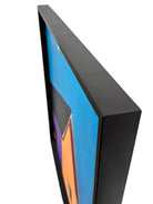 A vibrant, modern painting of a house with a purple side and an orange side with a window under a bright blue sky with a single moon by Elizabeth Payne titled “House in Moonlight”.