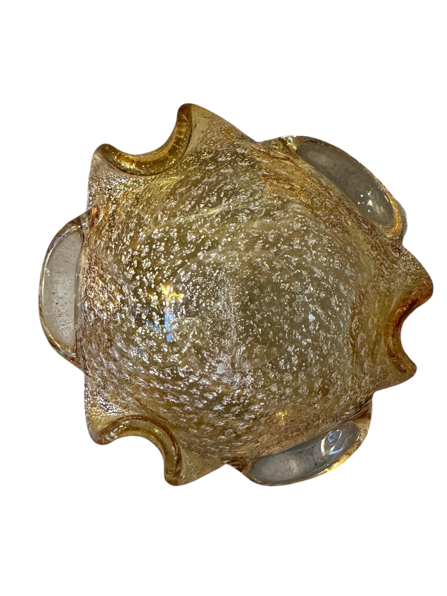 A  vintage Italian Murano glass bowl with a yellow hue, gold Aventurine inclusions, and a bubbly (Bullicante) texture. The bowl is flower-shaped with crimped edge