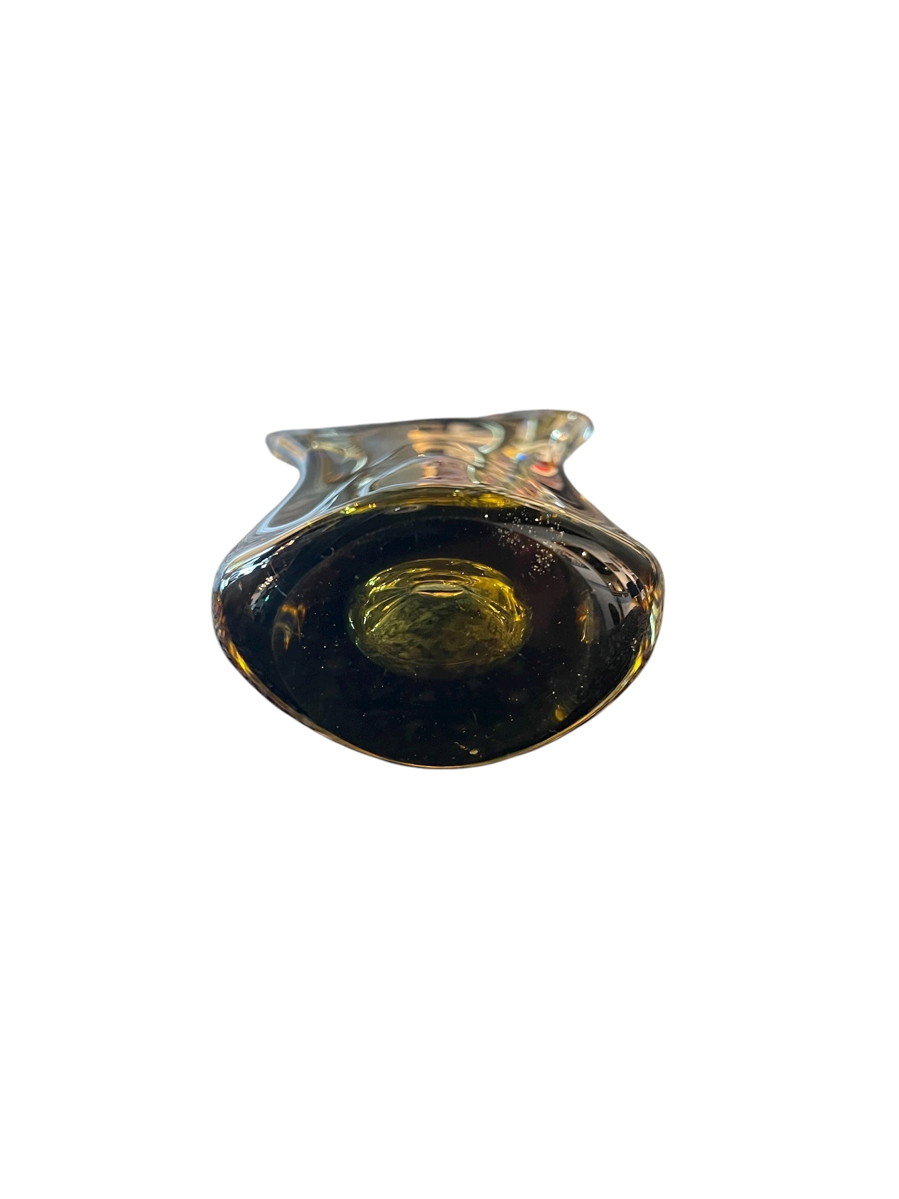 Sculptural art glass vase in the Sommerso style, featuring blue and amber colors encased in a clear glass layer. The vase has a vintage mid-century modern design