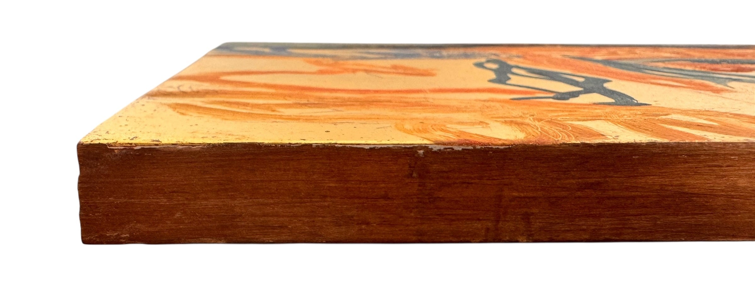 A vertical abstract painting on a shimmering gold-leaf background. The piece is filled with energetic, calligraphic scribbles and fluid shapes in vibrant orange, deep teal, and touches of red. The brushwork varies from thick, opaque strokes to thin, wiry lines that dance across the reflective surface. The composition feels organic and chaotic, like a dense thicket or a fire.
