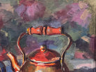 An oil painting still life featuring a copper teapot with a wooden handle, a blue glass vase, a red apple, a whole orange, and several orange slices, all arranged on a white tablecloth against a blurred purple and green background. The artist's signature "B. Willamson 2019" is visible in the bottom right corner.