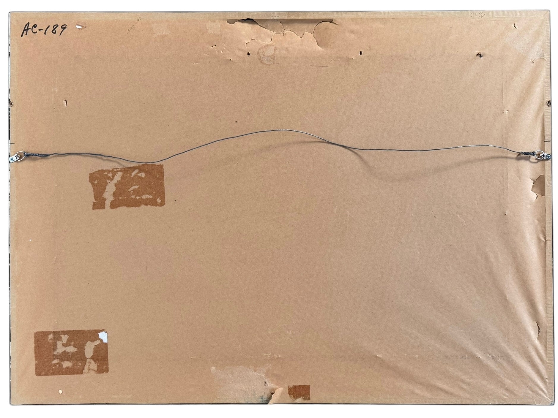 A realistic painting of a rustic interior scene by Travis Whitfield. A duck sits inside a woven basket on a dark wooden table with a single drawer. A French horn hangs on the light blue and white log wall behind the table. A multi-pane window on the left side of the painting shows an outdoor view. 