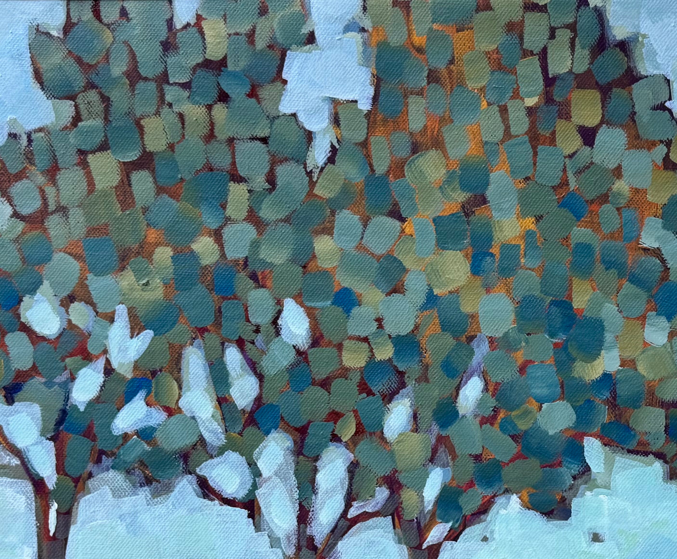 An oil painting by Laura Jacobson featuring three stylized trees with green and brown leaves in a field.