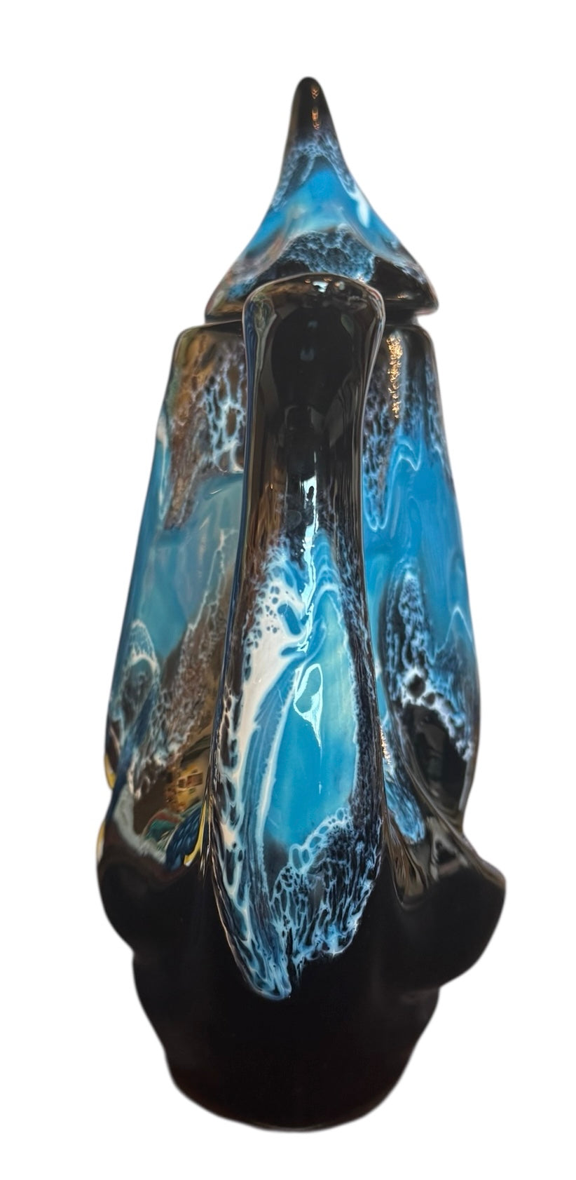 Complete mid-century ceramic tea set with teapot, sugar bowl, cups, and saucers, featuring a bold blue and black "lava drip" glaze reminiscent of Vallauris pottery.