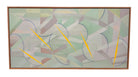 An abstract, horizontally oriented geometric oil painting framed in light natural wood. The composition features a complex, cubist-like lattice of interlocking planes, sharp angles, and transparent shards rendered in a soft, muted palette of pastel greens, lavender-grays, pale blues, and subtle pinks. Intersecting this subdued background are thin, dark blue sweeping arcs that trace circular movements across the canvas. Piercing through the composition are several sharp, dynamic, bright yellow shards shaped 