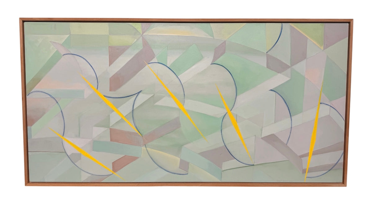 An abstract, horizontally oriented geometric oil painting framed in light natural wood. The composition features a complex, cubist-like lattice of interlocking planes, sharp angles, and transparent shards rendered in a soft, muted palette of pastel greens, lavender-grays, pale blues, and subtle pinks. Intersecting this subdued background are thin, dark blue sweeping arcs that trace circular movements across the canvas. Piercing through the composition are several sharp, dynamic, bright yellow shards shaped 