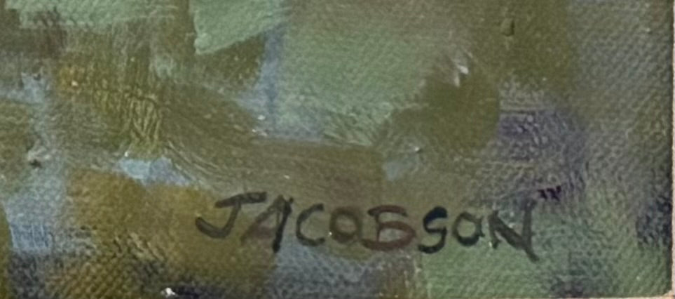 An oil painting by Laura Jacobson featuring three stylized trees with green and brown leaves in a field.