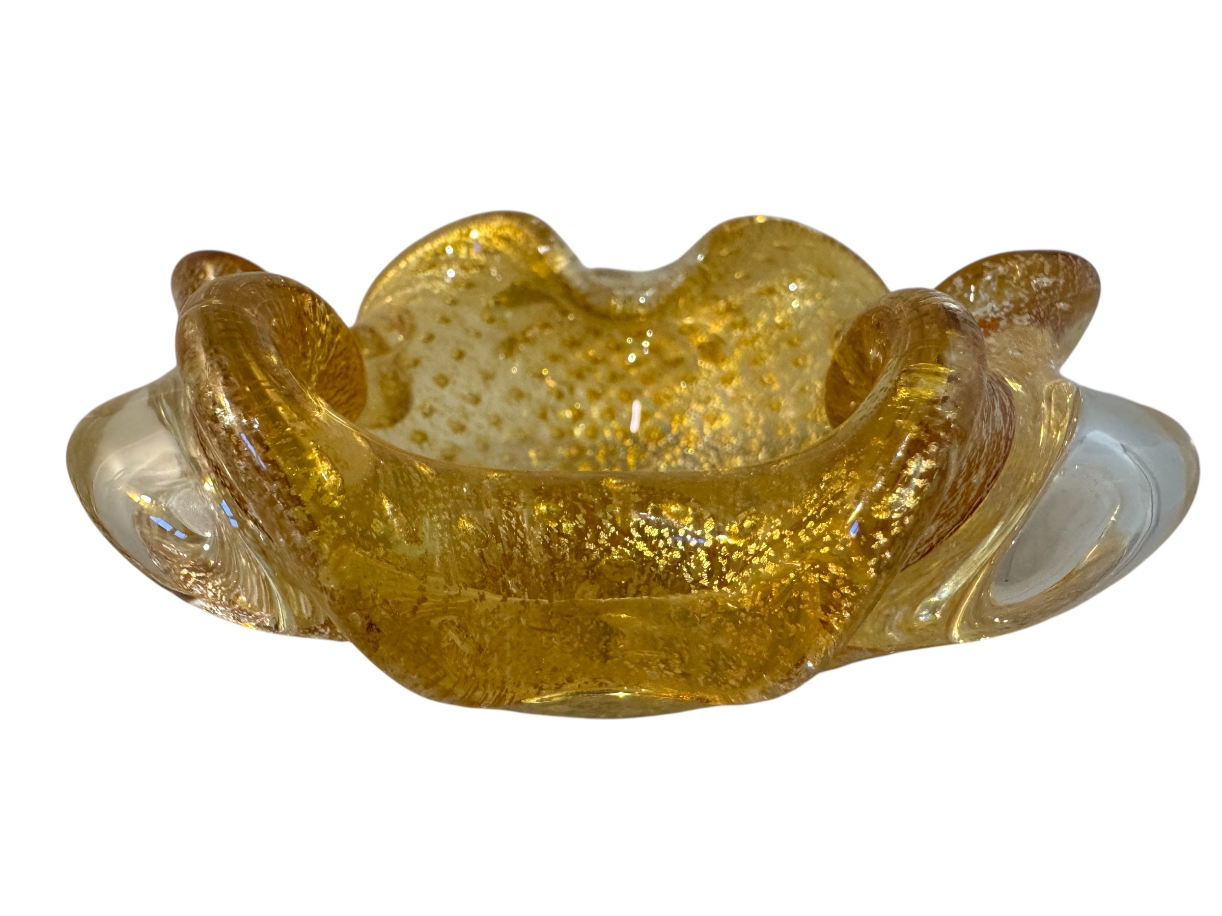 A  vintage Italian Murano glass bowl with a yellow hue, gold Aventurine inclusions, and a bubbly (Bullicante) texture. The bowl is flower-shaped with crimped edge