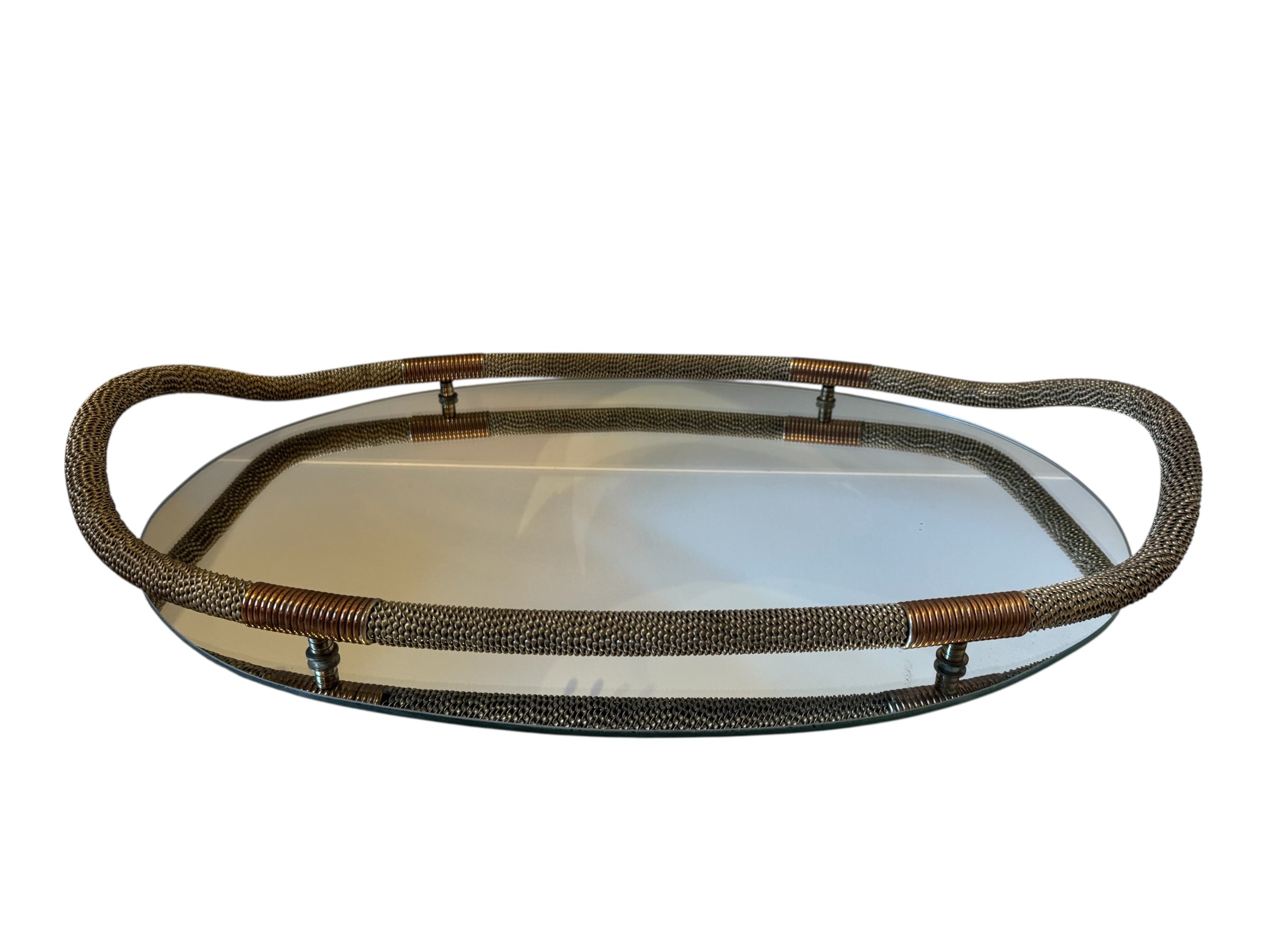 Fontana Arte-style Art Deco mirrored tray with copper detailing.