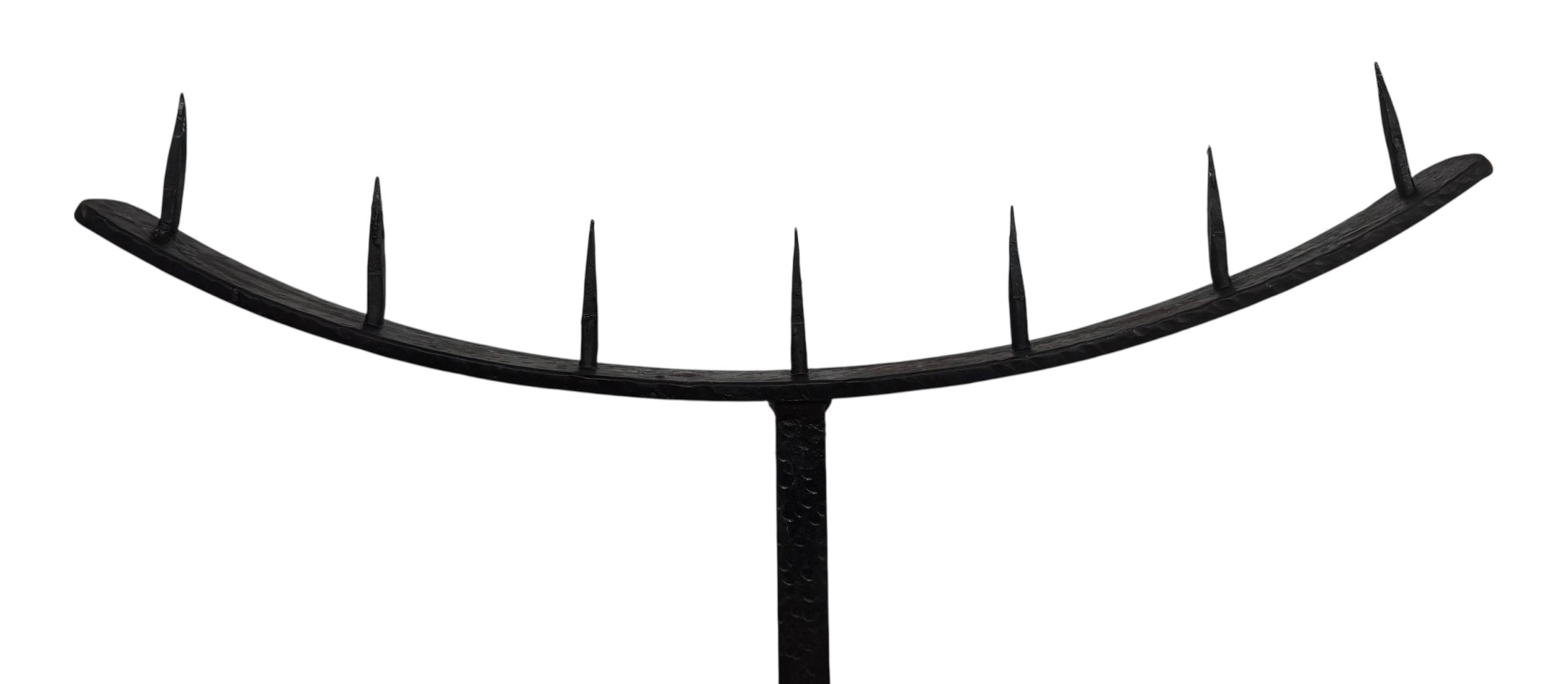  Tall, free-standing Spanish Revival wrought iron candelabra with seven candle prickets holding beeswax candles.