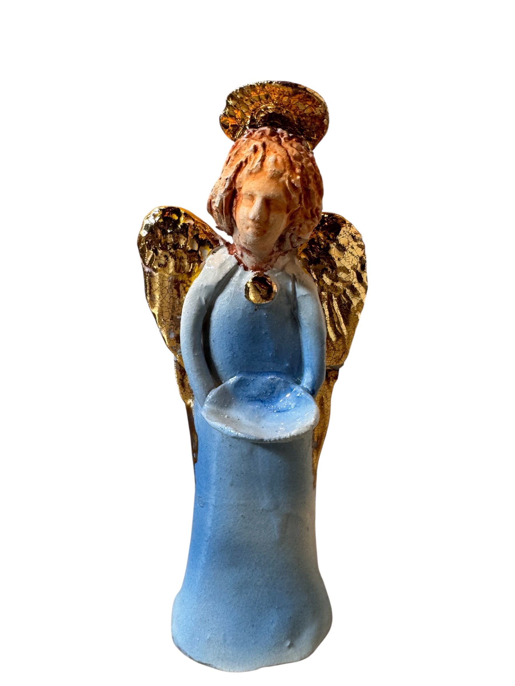 Angeli by Dominico Pinto, Angels, Sculptures, Table top ornaments, Gold accents, blue and white, geometric quilting, ceramic, folk art