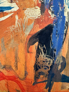 A vertical abstract painting on a shimmering gold-leaf background. The piece is filled with energetic, calligraphic scribbles and fluid shapes in vibrant orange, deep teal, and touches of red. The brushwork varies from thick, opaque strokes to thin, wiry lines that dance across the reflective surface. The composition feels organic and chaotic, like a dense thicket or a fire.
