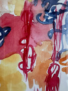 A vertical watercolor painting on paper, framed in a simple dark wood frame. The piece consists of a lively arrangement of gestural, loopy shapes and washes in a warm palette of apricot, magenta, and deep navy blue. The shapes are layered and translucent, with some areas featuring saturated "blooms" of color and others showing thin, wiry line work. The artist's signature and the year '97 are visible in the bottom right corner.