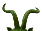 Glossy green ceramic pig sculpture with exaggerated, upward-curving horns and a snout.
