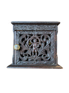 Diminutive Piece Carved Mahogany Cabinet, 19th Century, Mahogany, Cabinet, bird carvings, botanical carvings, sloping integral base, one door, floral motifs, brass door handle
