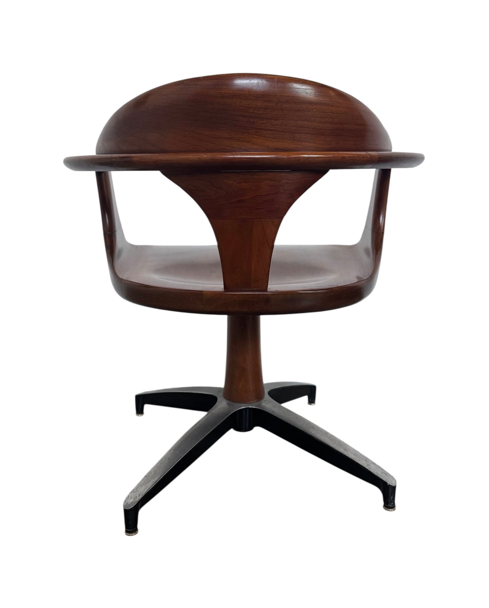 Mid-century modern Cliff House dining chair by Heywood Wakefield, cherry wood with black base.