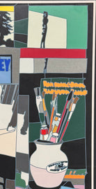 A pop art style image featuring a man in a hat and suit, an easel with art supplies including paintbrushes in a pot, and a sign in the background that reads "BARNUM & BAILEY" by Ugo Nespolo. The artwork uses a collage-like composition with geometric shapes and bold colors.