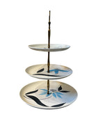 Three tier server Stetson creation, ceramic plates, brass stand, floral motifs, royal Tudor, mid-century modern, 1950s, tiered serving stand, Stetson creation