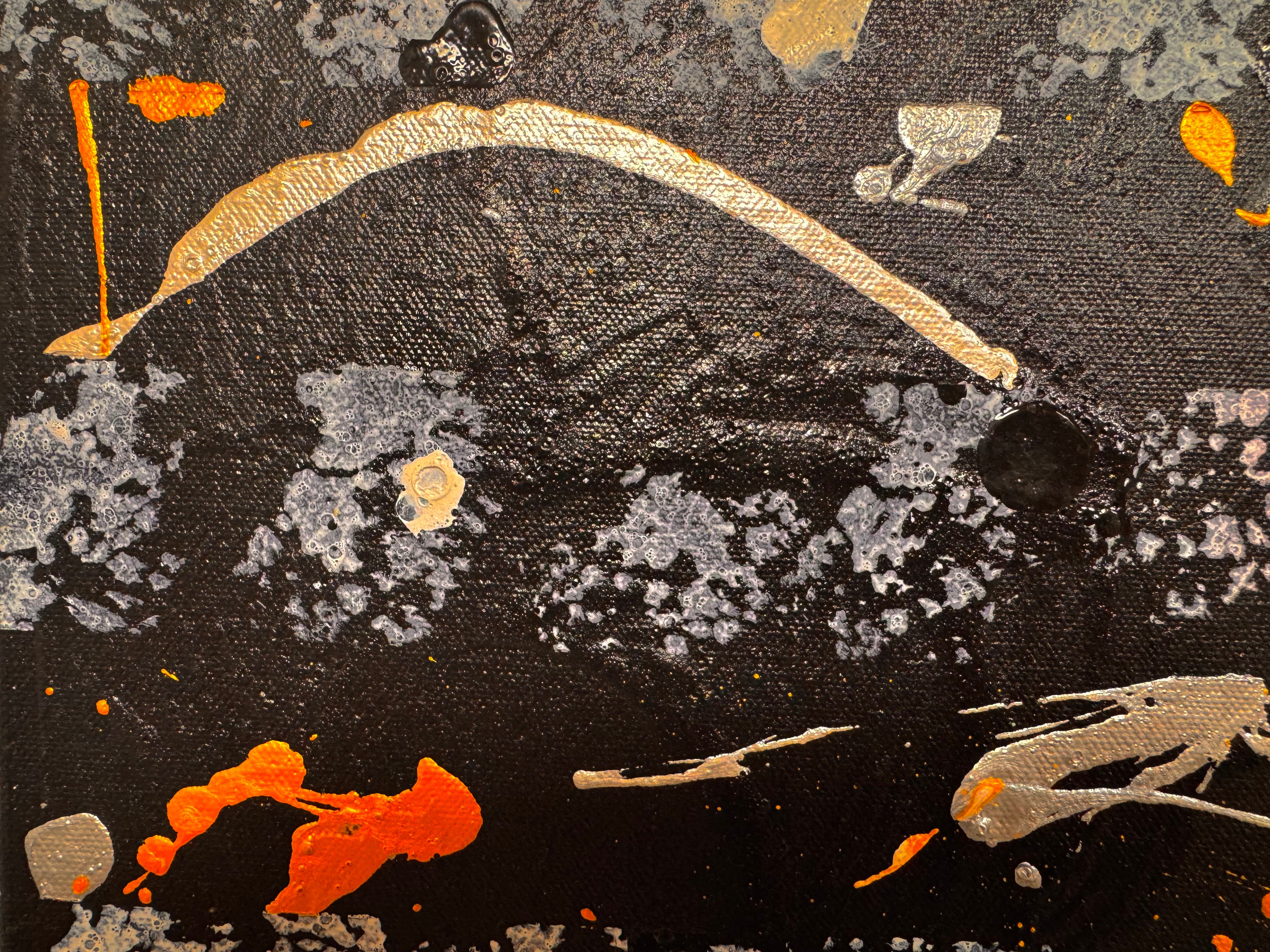 An abstract, vertical-oriented canvas painting featuring a dark background layered with highly textured, horizontal bands. The composition alternates between solid black strips and dense, speckled white-and-grey patterns that resemble static or stone texture. Splattered across the surface are energetic drips, lines, and splotches of bright yellow, stark white, and grey paint, creating a chaotic yet rhythmic sense of movement overlaying the geometric structure underneath.