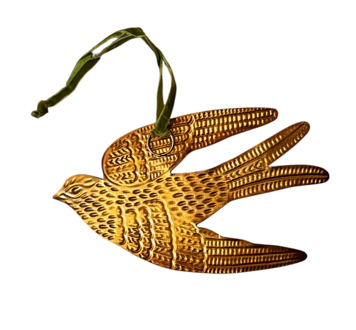 mage of a vintage-style, gilded tin bird with embossed feather detailing. A green velvet ribbon is attached. Front and back views shown.