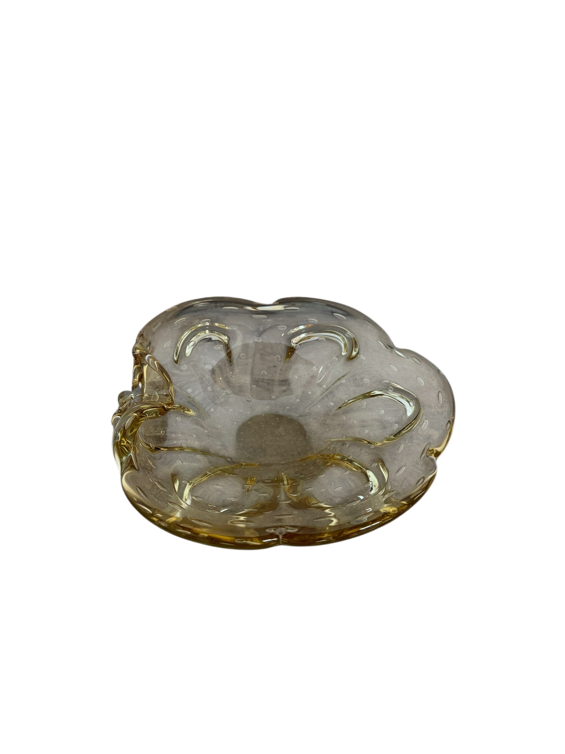 Scalloped amber yellow art glass ashtray with controlled bubbles
