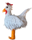 A white chicken pinata with red comb and wattles, and orange beak and legs, standing upright.