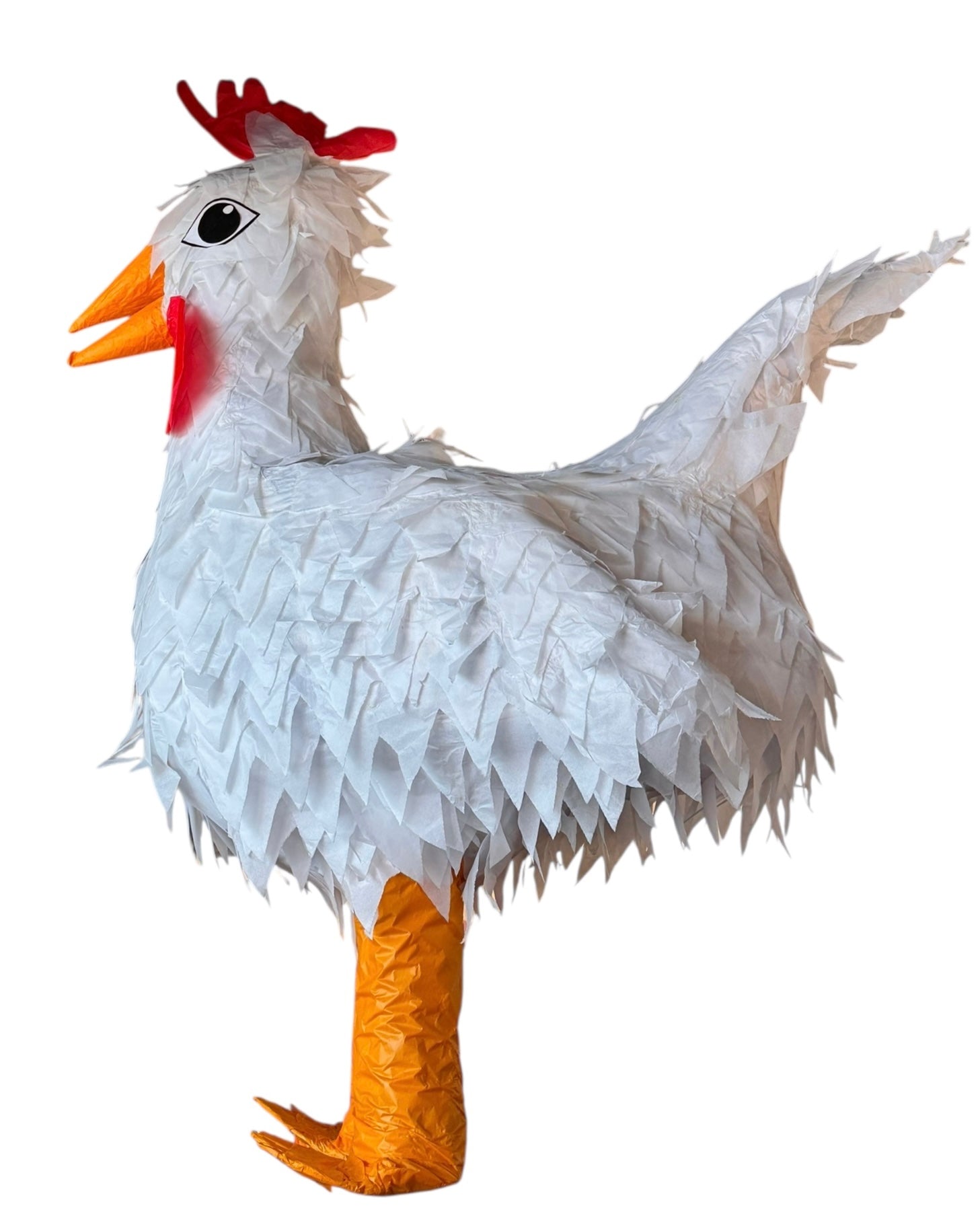 A white chicken pinata with red comb and wattles, and orange beak and legs, standing upright.
