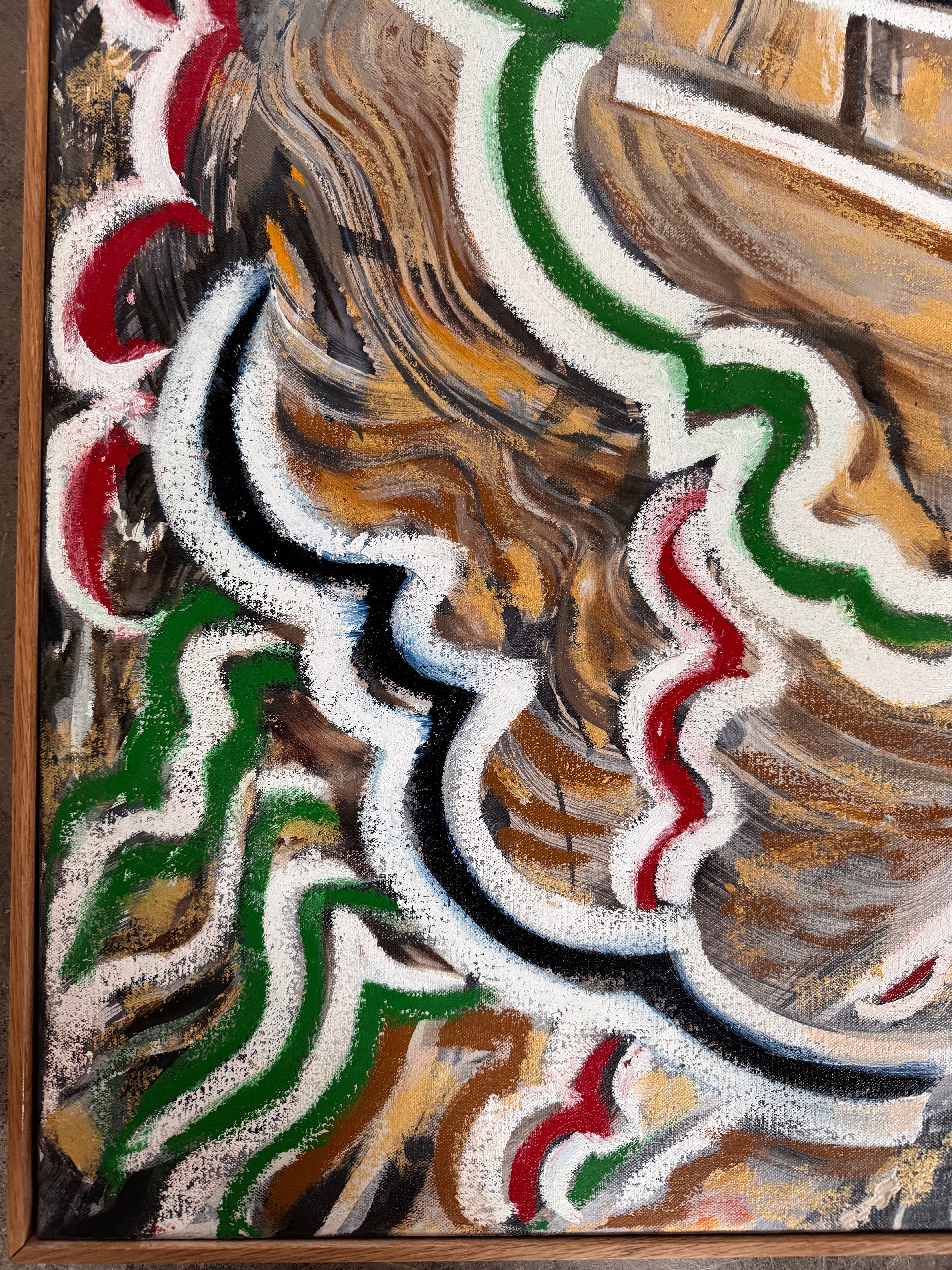 A close-up, angled view of an abstract oil painting titled 'Topography' by Robert Wymer. The painting's edge reveals thick, textured swirls of brown, gold, red, green, and white paint. It is framed in a natural light-brown teak wood frame, with a visible corner joint where two pieces of wood meet