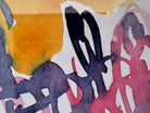 A vertical watercolor painting on paper, framed in a simple dark wood frame. The piece consists of a lively arrangement of gestural, loopy shapes and washes in a warm palette of apricot, magenta, and deep navy blue. The shapes are layered and translucent, with some areas featuring saturated "blooms" of color and others showing thin, wiry line work. The artist's signature and the year '97 are visible in the bottom right corner.