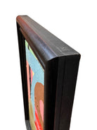 David Alysworth ‘Interfering Friends May Frown’ abstract oil painting in a brightly colored, abstract acrylic painting on canvas by depicting a landscape using thick, bold strokes of light blue, pink, orange, green, black, and brown a black wooden lacquered frame