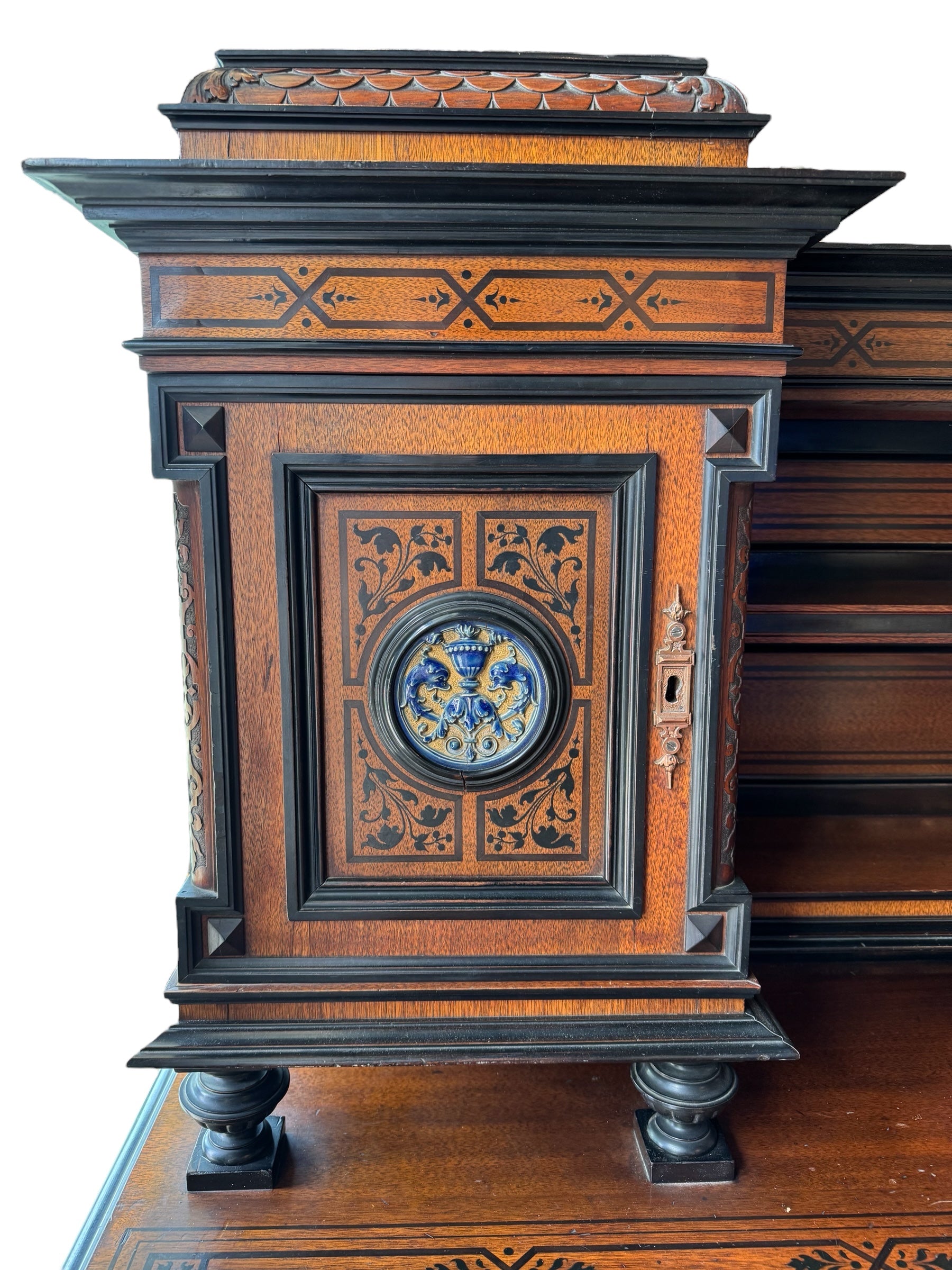 Writing desk
Antique
Victorian
19th-century
English
Walnut
Parcel-ebonized
Construction & Craftsmanship:

Dovetail joints
Handcrafted
Solid wood
Plank construction
Joinery
Construction details
Traditional woodworking
