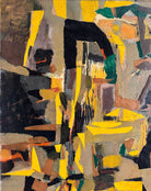 An abstract mixed media painting, titled "Summer Landscape" by Elsa Warner, featuring a dynamic composition of fragmented geometric and organic shapes in vibrant yellow, black, and earthy brown tones. 