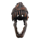 a pair of matching Tyrannosaurus Rex skull sculptures facing inward toward each other against a solid white background. The resin or stone-like replicas are realistically detailed with a weathered, dark gray and brownish-rust finish. Both skulls are sculpted with their jaws wide open, showcasing rows of sharp, pointed teeth with stained orange and brown tips. The skull on the left is angled slightly to the right, and the skull on the right is angled slightly to the left, creating a symmetrical presentation.