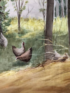 The artwork is a painting on porcelain plaque, titled "Chickens Foraging in a Barn Yard" by the American artist Paul E. Harney Jr. (1850-1915). It is housed in an ornate, gilt frame. The painting depicts a rural scene with several chickens on a grassy ground near a small structure with a thatched roof and a white picket fence in the background