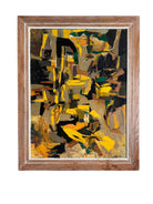 An abstract mixed media painting, titled "Summer Landscape" by Elsa Warner, featuring a dynamic composition of fragmented geometric and organic shapes in vibrant yellow, black, and earthy brown tones. 