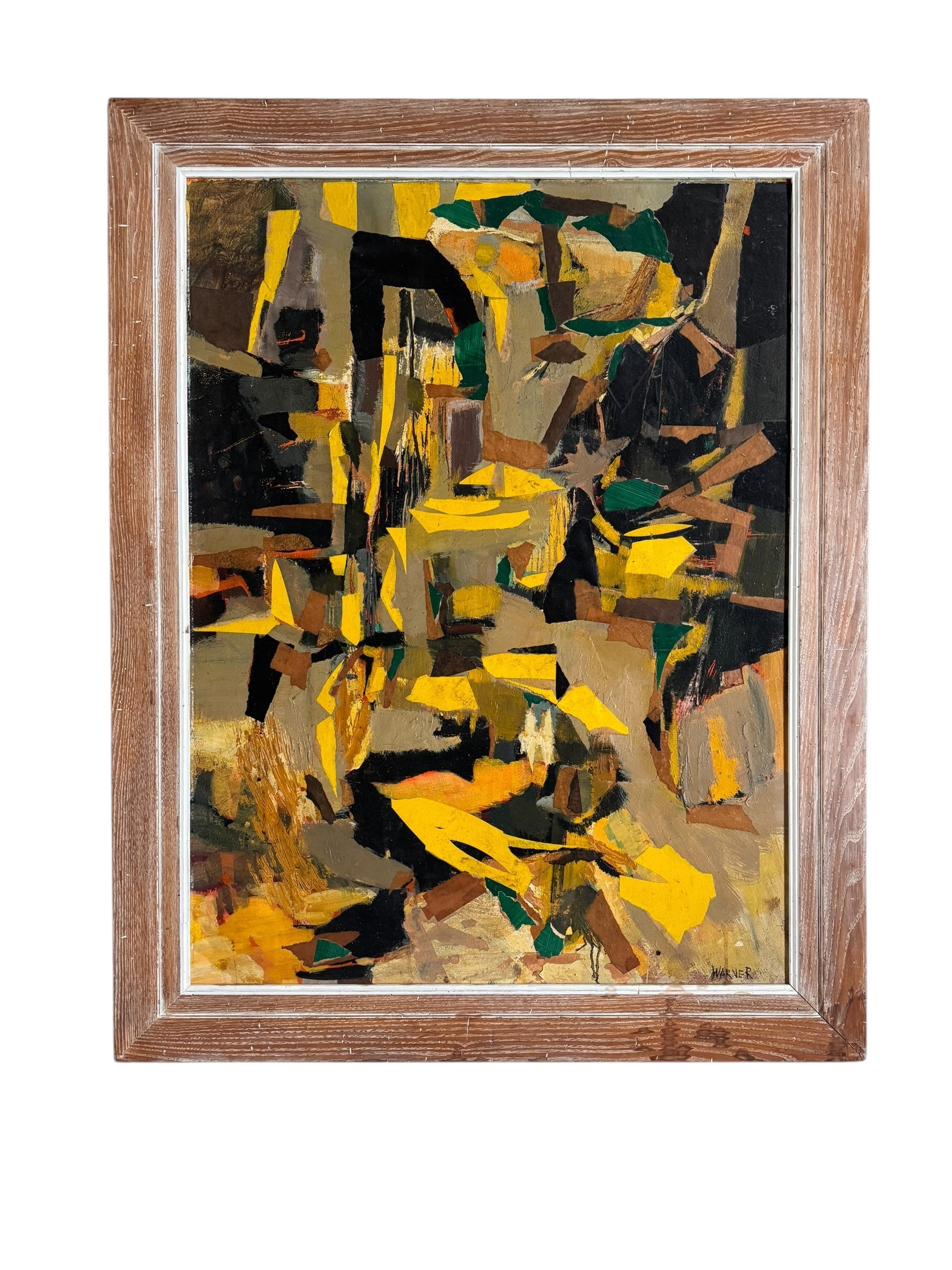 An abstract mixed media painting, titled "Summer Landscape" by Elsa Warner, featuring a dynamic composition of fragmented geometric and organic shapes in vibrant yellow, black, and earthy brown tones. 